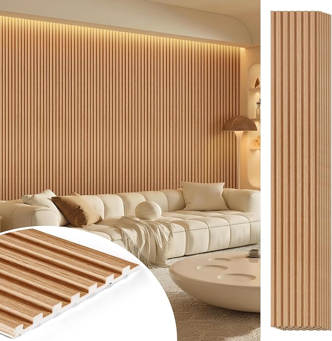 WPC Acoustic Slat Wall Panels 8-Pack 96'' x 6'' | Accent 3D Wall Panel for Interior Wall Decor, Waterproof Fluted Textured Panel Wall Slats,Solid Elm (Cover Approx.32 sq.ft) by LARWORKS