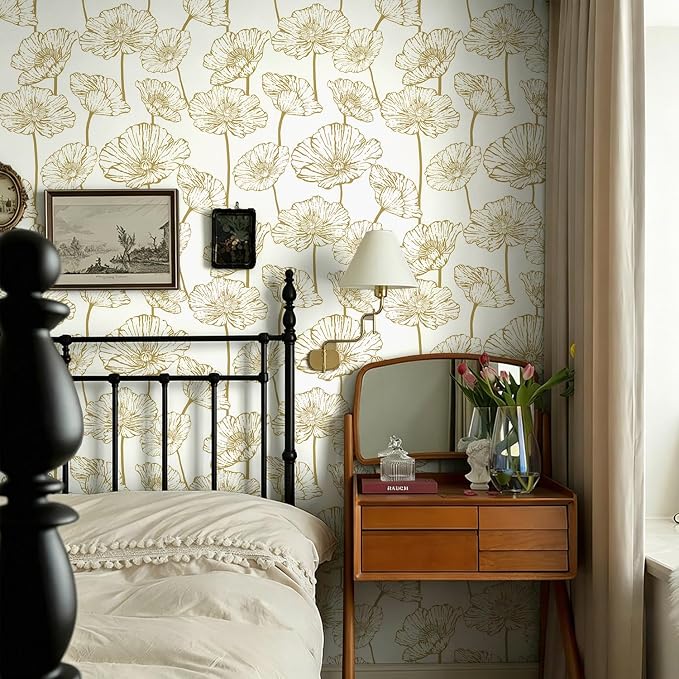 Orainege Peel and Stick Wallpaper Gold and Beige Wallpaper 17.3inx118.1in | Boho Self Adhesive Contact Paper Removable Decorative Wallpapers for Bedroom Bathroom Cabinets Decor Vinyl - Image 2