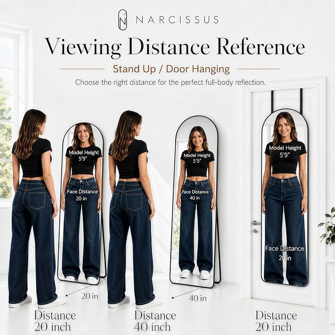 NARCISSUS Full Length Mirror 57x20 Inch, Over The Door Mirror with Stand, Wall Mounted or Freestanding/Door Hanging Full Body, Aluminum Alloy Frame, Black - Image 6