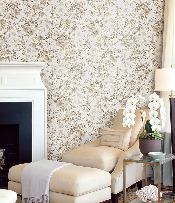 Erfoni Beige Floral Peel and Stick Wallpaper Boho Floral Leaf Contact Paper | 16.9" x197" Boho Self Adhesive Wallpaper Flower DIY Removable Decoration Wallpaper for Livingroom Accent Wall Covering - Image 3