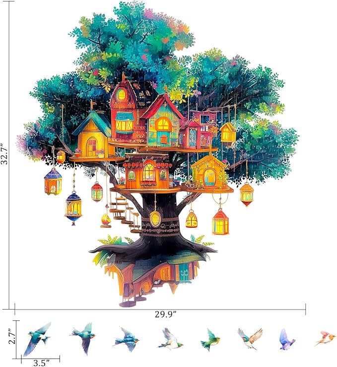 Magical Tree House Village Wall Decals Lanterns Birds Kids Nursery Decor | Peel and Stick Branches Wall Stickers & Murals, Removable Vinyl Home Decor Art for Bedroom Living Room Classroom Office - Image 2