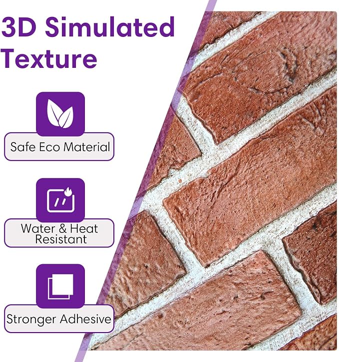 3D Peel and Stick Faux Brick Wall Panels 11.8" x 11.8" 10-Pack | Orange, Small Brick-Look Textured Sticker, Thin Lightweight PVC Self Adhesive Wall Tiles for Interior Decor, Cover 9.7 sq ft - Image 4