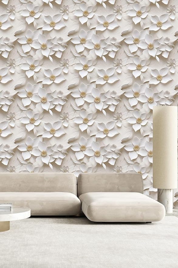 Peel and Stick Wallpaper Cream White Floral Feature | Cream floral wallpaper with raised 3D flower texture for elegant accent walls, bedrooms and modern home decoration. - Image 3