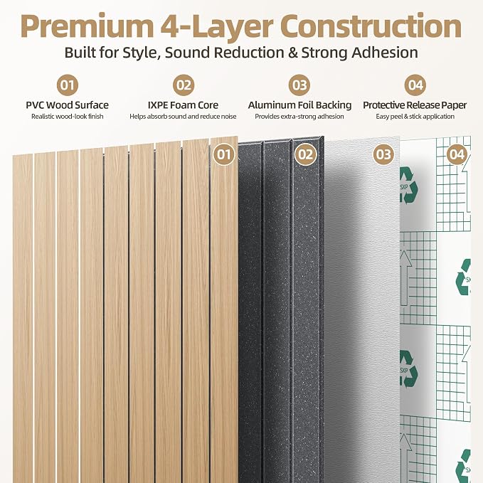 NEPIS Peel and Stick Wood Slat Wall Panels, 3D PVC Faux Oak Wood Wallpaper | 15.75"x118" Soundproof Wall Panels with Self Adhesive, Wall Coverning for Accent Walls Ceiling Bedroom Bathroom Kitchen Decor - Image 3