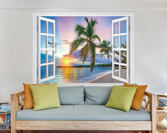 FLFK Fake Window Wall Mural - Sunrise Over the Sea Faux Window Wall Sticker for Wall Decor, Stick and Peel Wall Decals,80"x60",Set of 5 Sheets - Image 5
