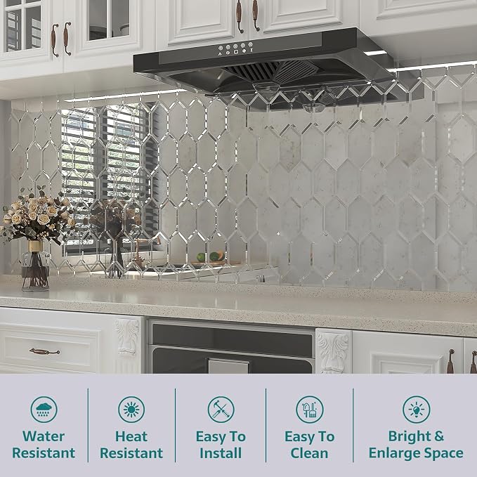 Peel and Stick Beveled Mirror Tile, Mirror Backsplash Tiles for Kitchen Bathroom Wall 4x6 Inch Long Hexagon Light Antique 30 Pcs, 4.8 SQ.FT - Image 6