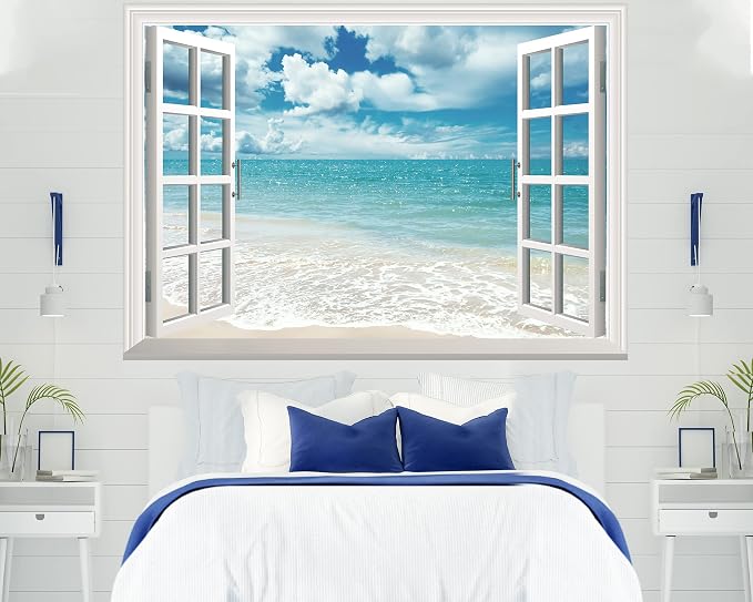 FLFK Fake Window Wall Sticker - Summer Beach Faux Window Wall Mural for Wall Decor, Stick and Peel Wall Decals,80"x60",Set of 5 Sheets - Image 3