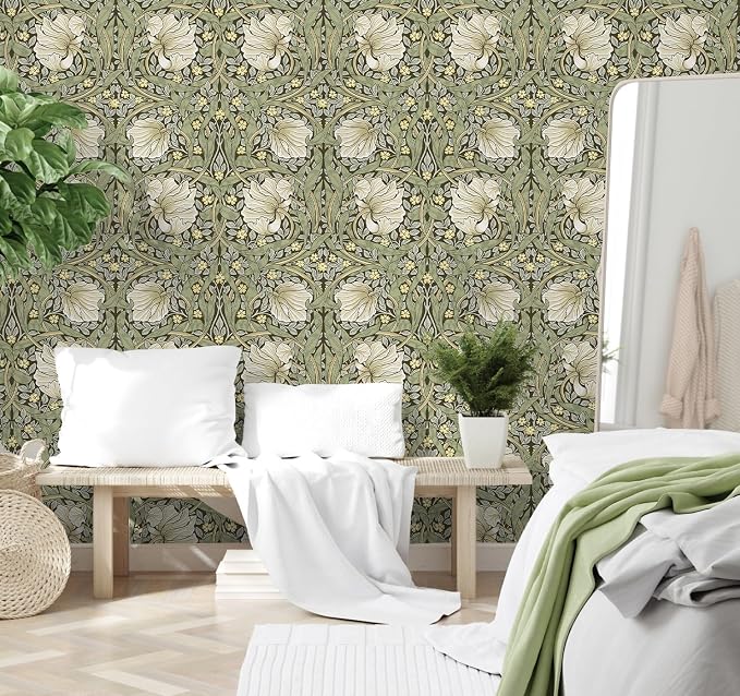 HAOKHOME William Morris Style Wallpaper Sage Green Mural 17.3in x 32.8ft | Extra Long Peel and Stick Textured Wall Paper Vintage Renter Friendly Removable Yellow Floral Bathroom Bedroom Contact Paper - Image 5