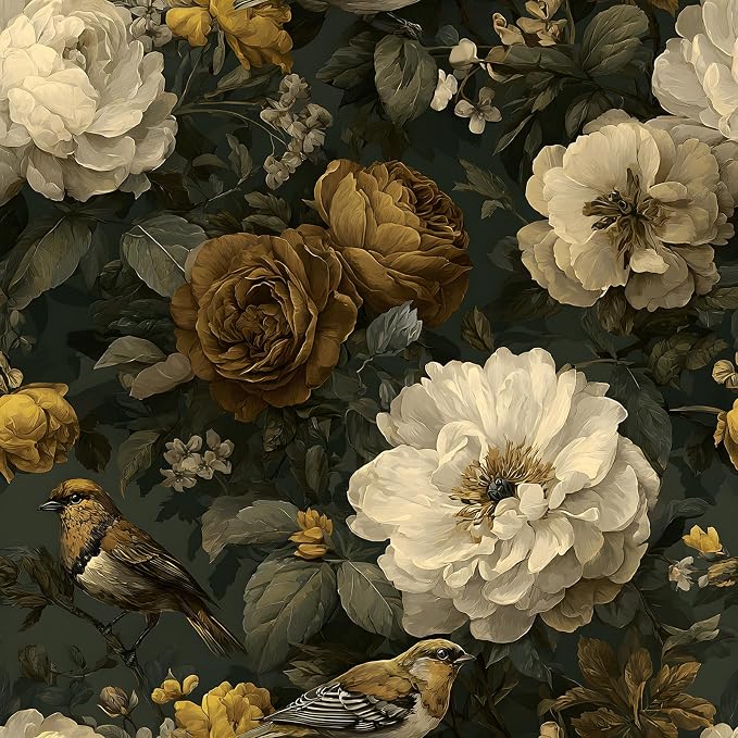 CRE8TIVE Peony Rose Floral Wallpaper Peel and Stick for Bathroom 12"x354" | Non‑Woven Dark Moss Green Contact Paper Waterproof Self Adhesive Bird Botanical Wallpaper Mural for Bedroom Walls Dressers by CRE8TIVE