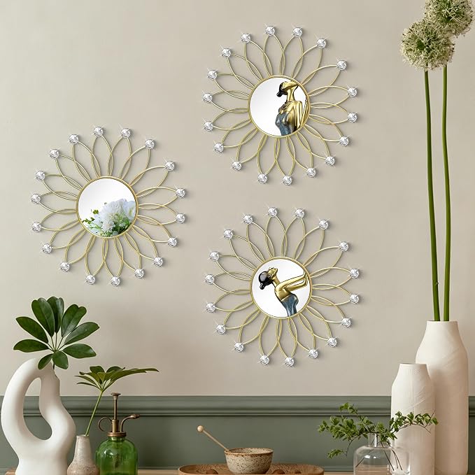 3 Pack Metal Mirrors for Wall Sunburst Wall Mirrors Home Décor Decorative Hanging Wall Art for Living Room Bedroom Entryway (Gold2 Crystal, Flowers) - Image 6