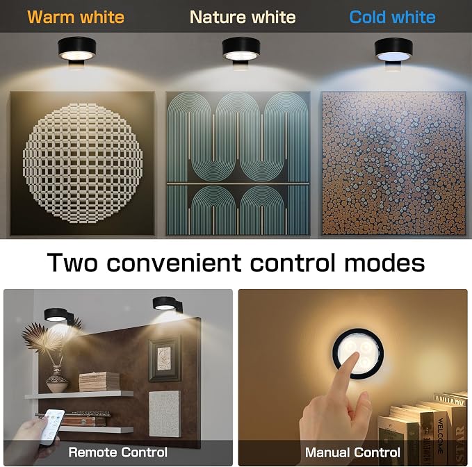 2-Pack Picture Light for Paintings Battery Operated Art Light with Remotes,3 Lighting Display Light,Magnetic Dimmable and Timer Wall Light for Picture Artworking Frame Portrait,LED Puck Lights-Black | 3 Lighting Display Light,Magnetic Dimmable and Time... - Image 2