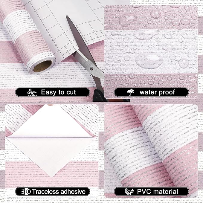 Striped Pink and White Wallpaper Peel and Stick Boho Silver Stripe Textured Contact Paper 15.7"x118" Self Adhesive Removable Waterproof Wallpaper for Bedroom,Cabinets,Drawer Liners - Image 2