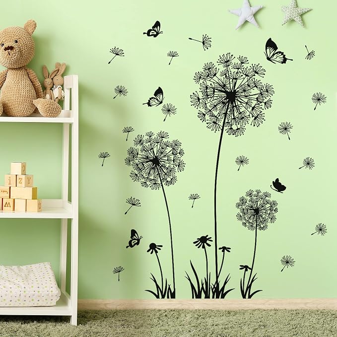 Dandelion Wall Decals Removable Flower Wall Stickers Peel and Stick Floral Butterfly Murals Party Decoration for Bedroom Living Room Sofa Backdrop TV Dandelion Wall Decor (Black) - Image 3