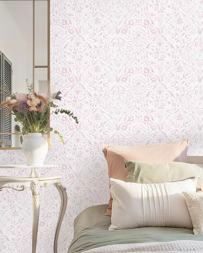 Dimoon Boho Peel and Stick Wallpaper Soft Pink Floral Contact Paper French Flower Wall Paper 362''x17.3'' Textured Self Adhesive Watercolor Damask Stick On Wallpaper for Bedroom Bathroom Decor Vinyl - Image 4