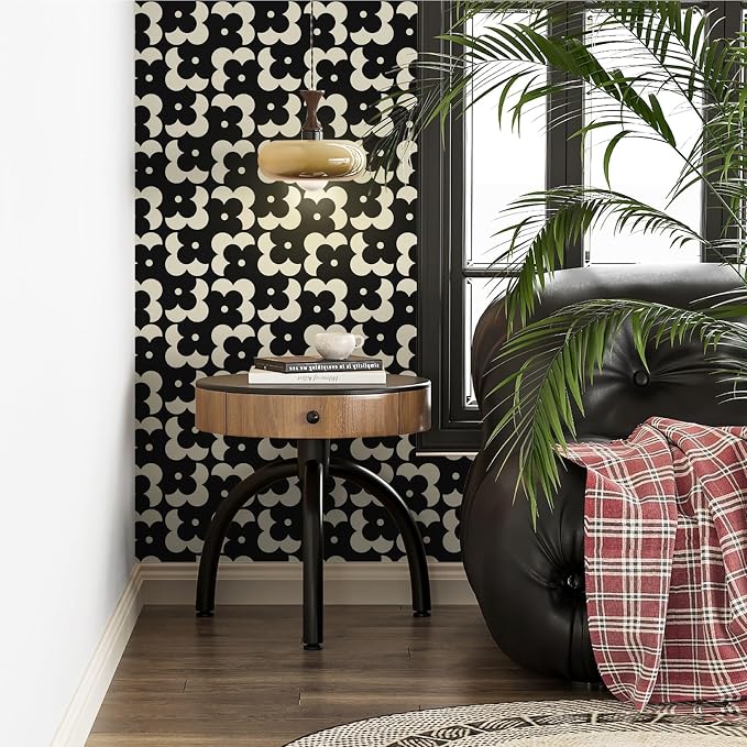 Ismoon Geometric Peel and Stick Wallpaper Boho Black and Beige Contact Paper 118"x17.3" Vintage Floral Wallpaper Removable Self-Adhesive Wall Paper Waterproof for Bathroom Wall Decor Vinyl - Image 2