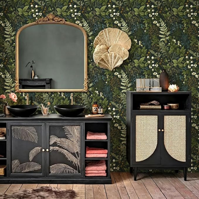 Nukofal Dark Floral Peel and Stick Wallpaper for Bathroom 16.9inx118.1in | Floral Contact Paper Dark Green Wallpaper Peel and Stick Leaf Waterproof Self Adhesive Removable for Kitchen Wall Decorative - Image 2