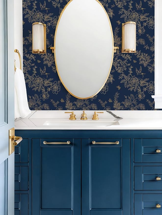 Froluya Dark Blue Peel and Stick Wallpaper Vintage Floral 17.7in×590.5in | Navy Blue and Gold Floral Self Adhesive Wall Paper Dark Birds Removable Decorative Contact Paper for Bathroom Cabinets Vinyl - Image 4