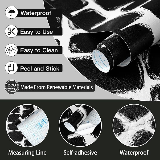 Safiyya 17.3"x393" Peel and Stick Wallpaper Black and White Contact Paper Mid Century Modern Abstract Geometric Wall Paper Self Adhesive Removable Wallpaper for Bathroom and Bedroom Vinyl - Image 6