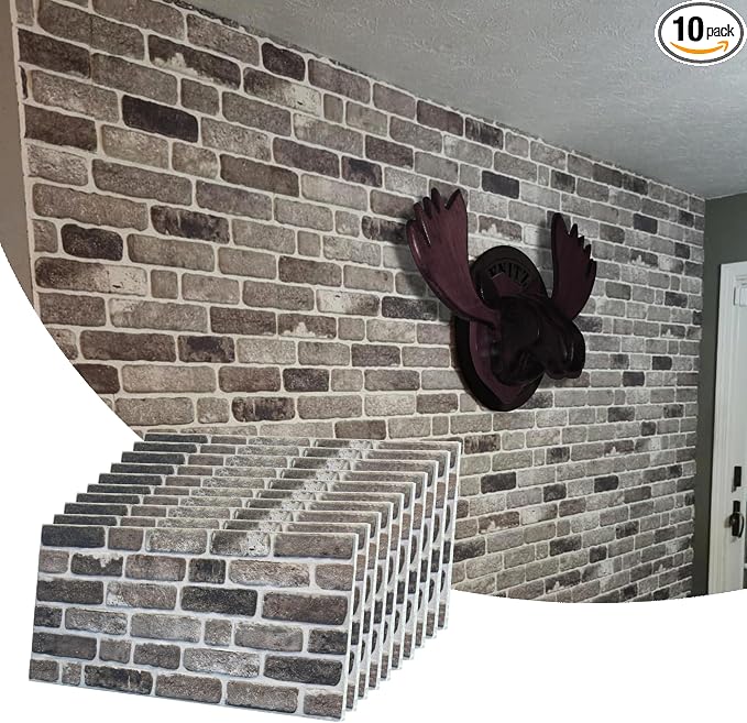 Dundee Deco 3D Wall Panels Faux Brick - Cladding, Grey Black Stone Look Wall Paneling, Styrofoam Facing for Living Room, Kitchen, Bathroom, Balcony, Bedroom, Set of 10, Covers 53 sq ft by DundeeDeco