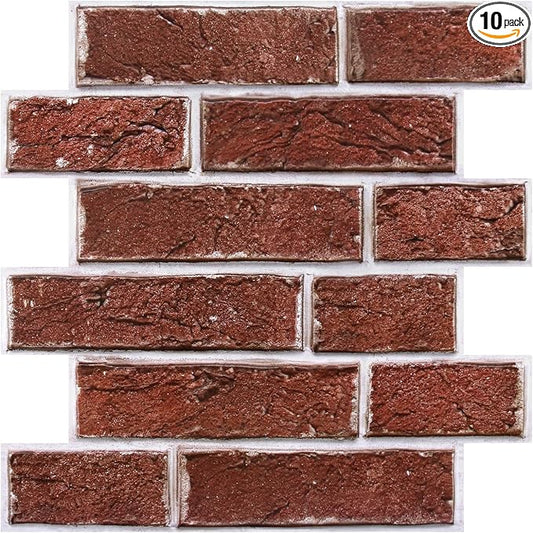 3D Faux Brick Wall Panels Peel and Stick, Designed for Quick DIY | Dark Red, 10 Pcs 11.8" x 11.8", Small Brick-Look, Ultra-Light PVC Fake Brick Covering for Wall Renovation, Cover 9.7 sq ft by SMOOSTIKCDECOR