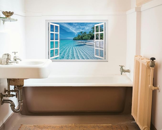 FLFK Fake Window Wall Mural - Summer Beach Faux Window Wall Sticker for Wall Decor, Peel and Stick Wall Decals,48"x32",Set of 2 Sheets - Image 4