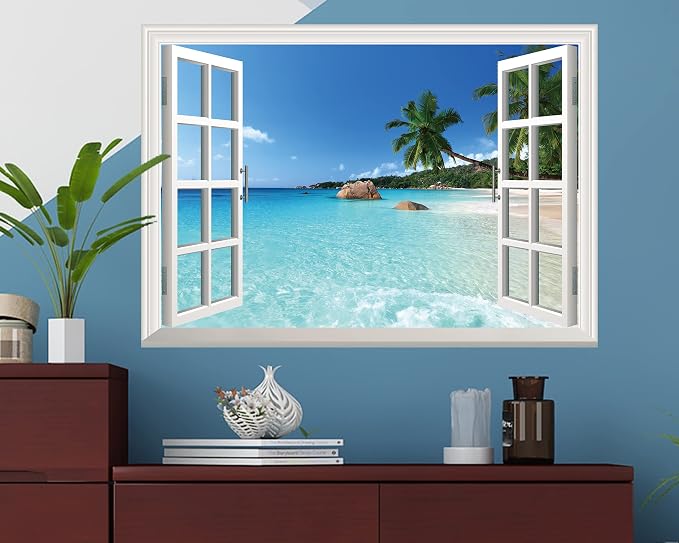 FLFK Fake Window Wall Sticker - Summer Beach Faux Window Wall Mural for Wall Decor, Stick and Peel Wall Decals,16"x24" - Image 4