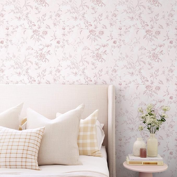 Ismoon Floral Wallpaper Peel and Stick Pink Stick on Wall Paper Vintage French Contact Paper for Cabinet Textured Removable Self Adhesive Wallpaper Vinyl Roll Shelf Deco, 17.3x393in - Image 2