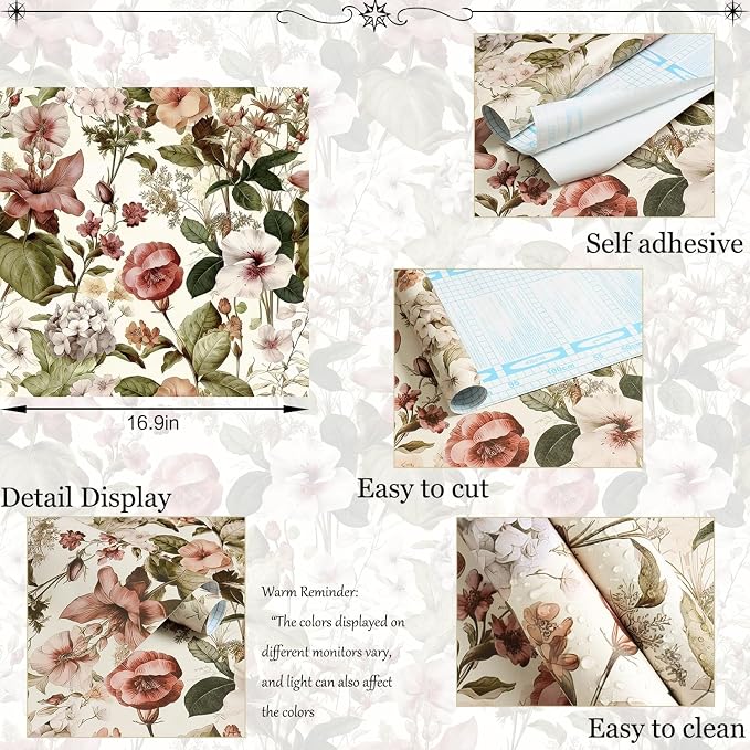 Jeweluck Vintage Floral Peel and Stick Wallpaper for Bathroom 16.9”x196.8” | Floral Wallpaper Boho Flower Contact Paper Peel and Stick Removable Self Adhesive Wall Paper for Cabinets Walls Decor Vinyl - Image 8