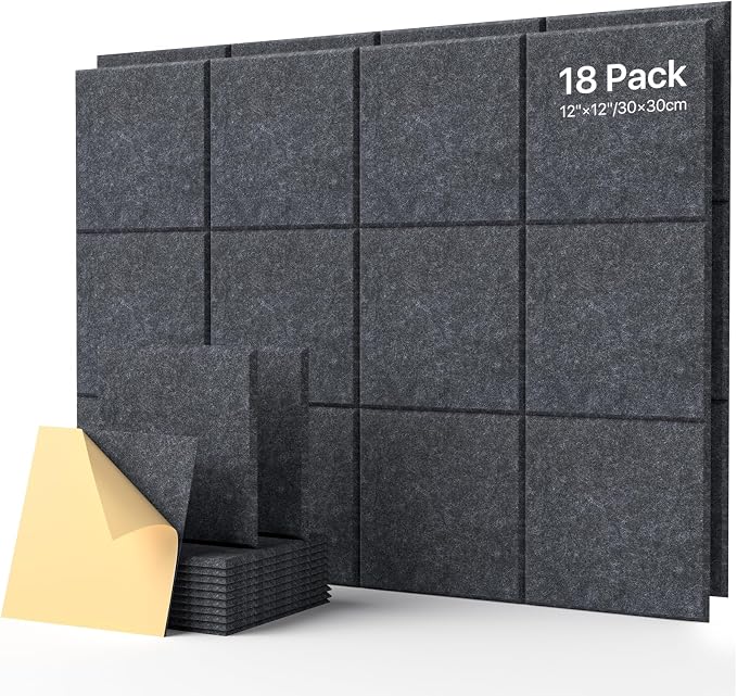 Soundsbay Self-Adhesive Soundproof Wall Panels 18 Pack 12"x12" Black | Square Acoustic Panels, 150kg/m³ High Density Covers 18 sq ft, Sound Proof Panels for Walls, Home Office, Bedroom by Soundsbay