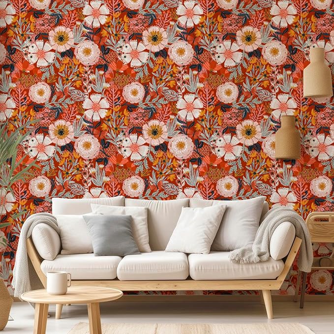 HAOKHOME Red Floral Peel and Stick Wallpaper Bathroom Vintage Contact Paper | Retro Textured Wall Paper Botanical Renter Friendly Removable Orange Flowers Bedroom Accent Decor Wall Mural 17.3in x 9.8ft - Image 2