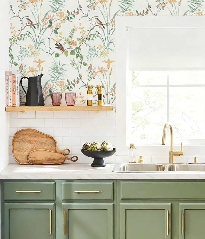 Erfoni Colorful Floral Birds Wallpaper Boho Floral Peel and Stick Wallpaper | 16.9" x118" DIY Self Adhesive Contact Paper Removable Wallpaper for Bedroom Cabinet Decor Modern Flower Leaf Vinyl Roll - Image 4