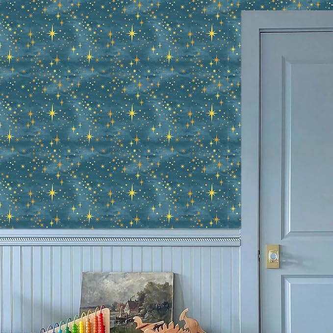 Navy Peel and Stick Wallpaper Gold Star Self Adhesive Contact Paper Sticker | Removable vinyl film, golden star wall stickers, retro starburst ceiling decor, art murals, for cabinets bedroom living room - Image 2