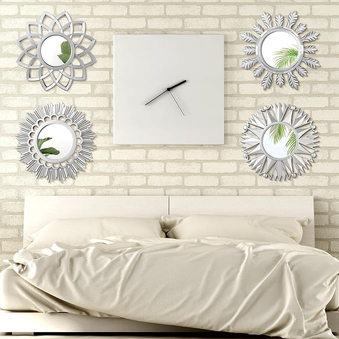 Dandat 4 Sets Round Wall Mirrors Boho Decorative Hanging Art, Silvery - Image 2