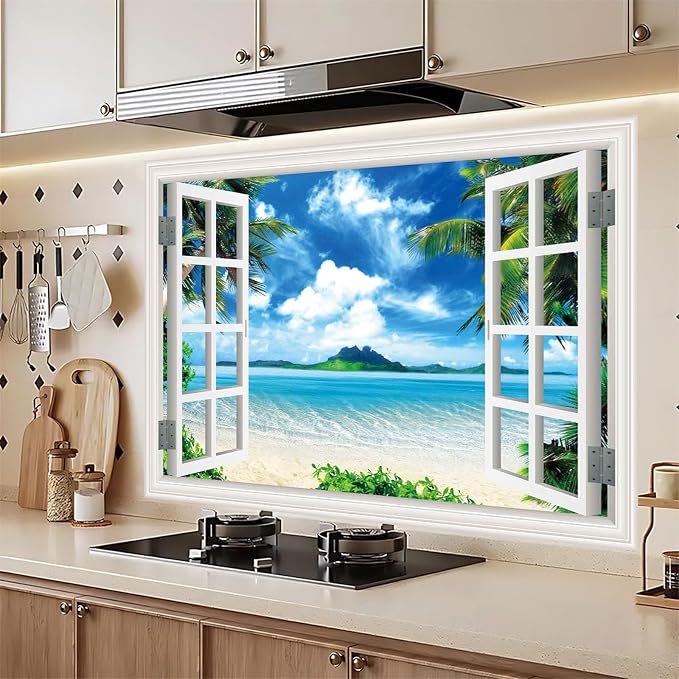 ‌Lmyhome Fake Window Wall Mural Blue Sky Ocean Beach (48"x32") | Peel and Stick Faux Window Wall Sticker Decal Poster for Bedroom Home Decor - Image 3
