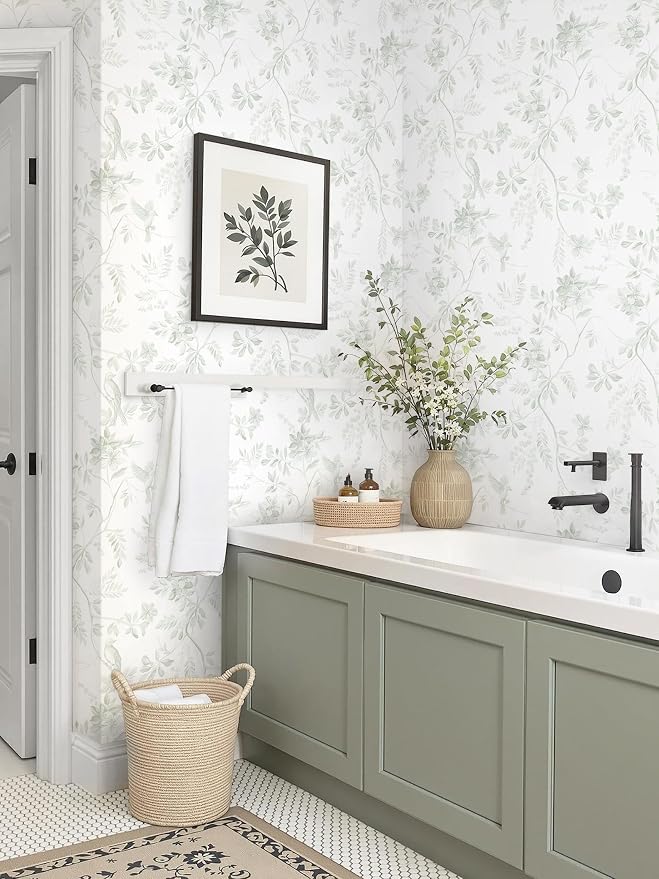Dimoon 17.3''x197'' Green Peel and Stick Wallpaper Floral Modern Sage Light Green Contact Paper White Bird Wallpaper Removable Renter Friendly Waterproof Embossed Kitchen Bedroom Bathroom Vinyl Roll - Image 5