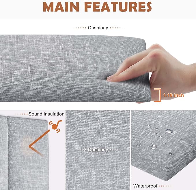 IFNOW Wall Mounted Headboard, Peel and Stick Panels, Light Grey, King | 3D Soundproof Acoustic Padding, Reusable and Removable, Tufted fabric Bed Headboard, for bedroom (12 Panels, 10" x 24") - Image 3
