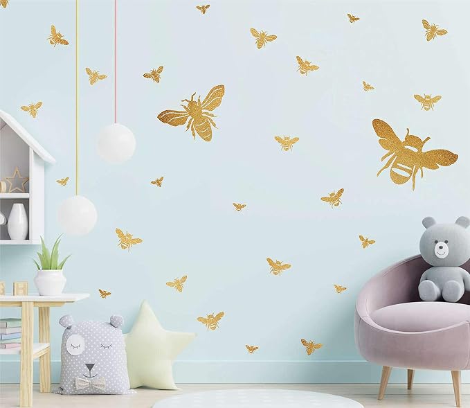 Bee Wall Decals Honeybee Wall Decor Golden Bees Art Stickers Peel and Stick | gold bee decor for walls, wall decal, gold removable vinyl arts mural, self adhesive wallpaper, for living room kids bedroom - Image 3