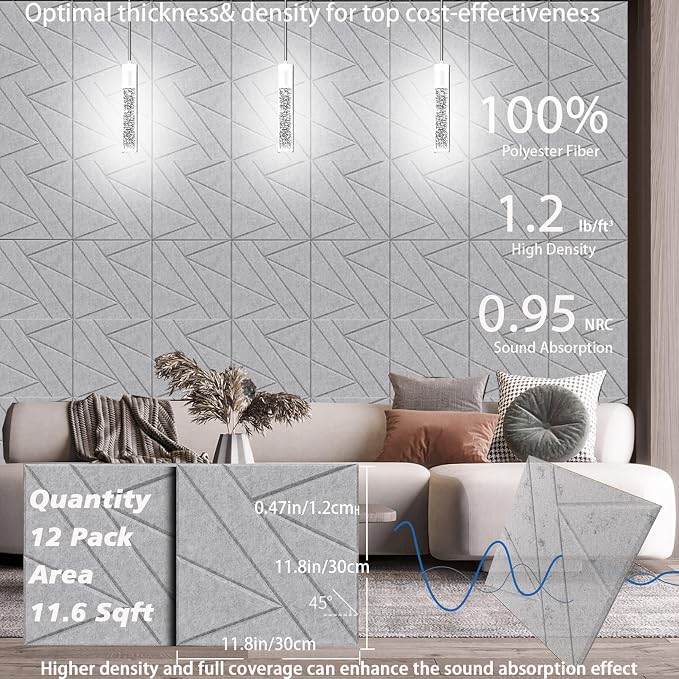12 Pack Self-Adhesive Soundproof Wall Panels, 12 x 12 x 0.47 in Sound Proof Foam Panels for Walls, 1.2lb/ft³ High Density, Thicker 0.47in, Acoustic Panels, Noise Dampening Panels Studio Gray | 12 Pack Thicker Acoustic Wall Panels reduce echo，enhance ro... - Image 6