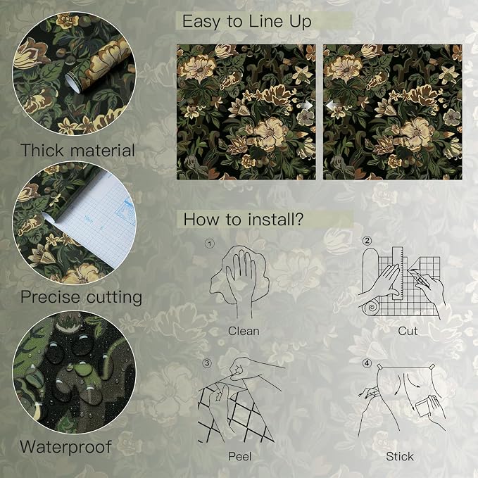 Dimoon 17.3"x78.7" Dark Wallpaper Peel and Stick Moody Vintage Victorian Floral Contact Paper Green Gothic Wallpaper for Bedroom Flower Leaf Yellow Renter Friendly Wall Paper Removable Vinyl Roll - Image 3