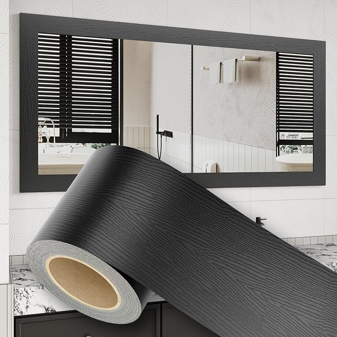 10M Peel and Stick Wallpaper Borders 390” x 4” Self Adhesive Mirror Frame Border Wood Grain DIY for Kitchen Bathroom Mirror Removal Border Sticker Wall Decor Cover 10.8 Sq.Ft, Black Wood by HomeUpgradeMadeSimple