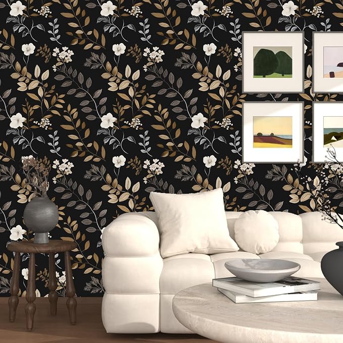 Laatse Floral Leaf Vintage Wallpaper Peel and Stick 17.5"x393", Black Gold | Self Adhesive/Removable/Waterproof/Thick Vinyl Contact Paper for Bathroom Bedroom Shelf Cabinet Drawer,Prepasted,Easy Peel - Image 4