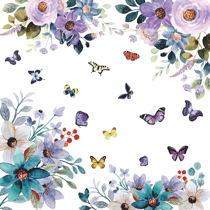 LiveGalleryWatercolor Blue Purple Flowers Wall Stickers Color Painting Rose Wall Decals DIY Vinyl Peel and Stick Butterflies Flora Mural for Girls Bedroom Living Room TV Sofa Backdrop Home Decoration - Image 4