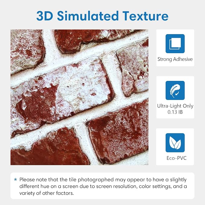 COMSTICKC 3D Faux Brick Wall Panels Peel and Stick, 10 Pcs 11.8" x 11.8" | Whitewash Red, Not Real Brick, Small Size, Ultra-Light Thin PVC, Fake Brick Decorative Tiles for DIY Decor, Cover 9.7 sq ft - Image 4