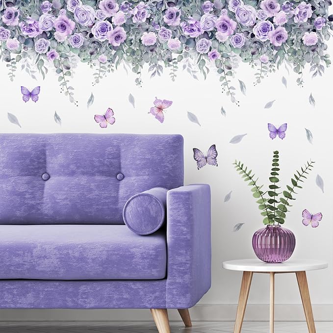 TUOKING Purple Rose Wall Stickers Removable Butterfly Wall Murals | Peel and Stick Wall Art Decal Home Decor for Kitchen,Bedroom,Living Room(MS2306) by TUOKING