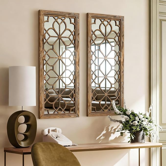 Set of 2 13x30 Inch Large Maroon Shatterproof Carved Floral Wood Frame Wall Mirrors, Boho Farmhouse Rustic Accent Mirrors for Living Room Bedroom Bathroom & Home Decor - Image 3