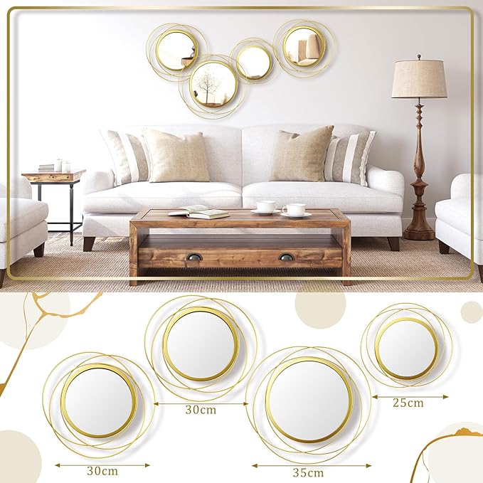 Hicarer 4 Pcs Decorative Wall Mirror Round Modern Circle Mounted Mirror Metal Wall Art Decor for Bedroom Living Room Entryway Dining Room Hallway(Gold) - Image 3