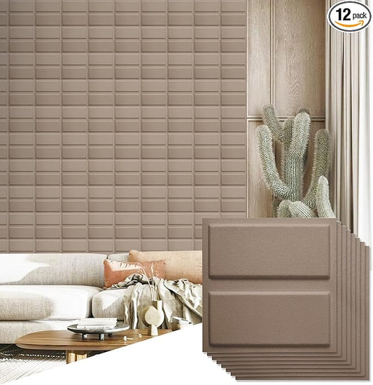 12 Pack 3D Wall Panels for Interior Wall Decor, Accent Wall Panels for Office Living Room Bedroom Hotel Lobby, 12''x12'' Fiber Chocolate Wallpapers Cover 12.Sq.Ft（Coffee-Brown） by Unknown