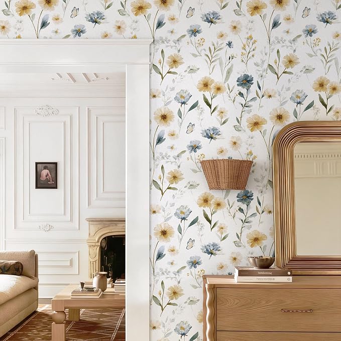 Ismoon Floral Peel and Stick Wallpaper Boho Wallpaper 17.3in x 16.4ft Blue and White Contact Paper Watercolor Flower Removable Wall Paper for Bedroom Nursery Kitchen Girls Room Vinyl - Image 2