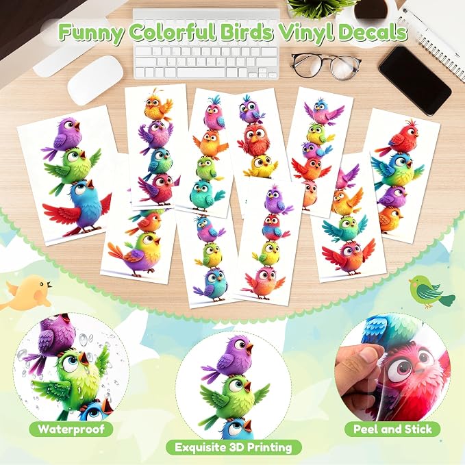 10P Funny Colorful Birds Vinyl Decals on Branch Wall Car Home for Girl Boys | Easy to Peel and Stick, Waterproof, with Vibrant Colors and Lively Designs Suitable for a Variety of Occasions - Image 3