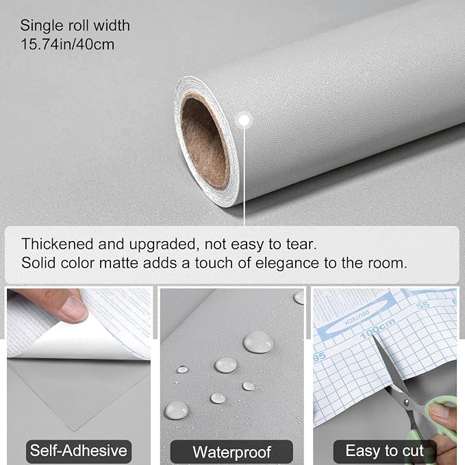 SOON AFTER Grey Peel and Stick Wallpaper Matte Gray Contact Paper Self Adhesive Waterproof Vinyl Roll for Wall Coverings,Cabinets,Countertops,Bedroom 15.7"x118" - Image 3